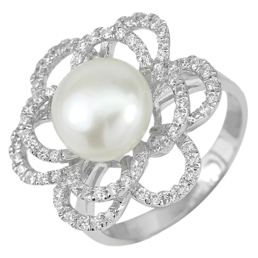 Beautiful Natural White Pearl 925 Sterling Silver Flower Ring 5.15 G. Size 8